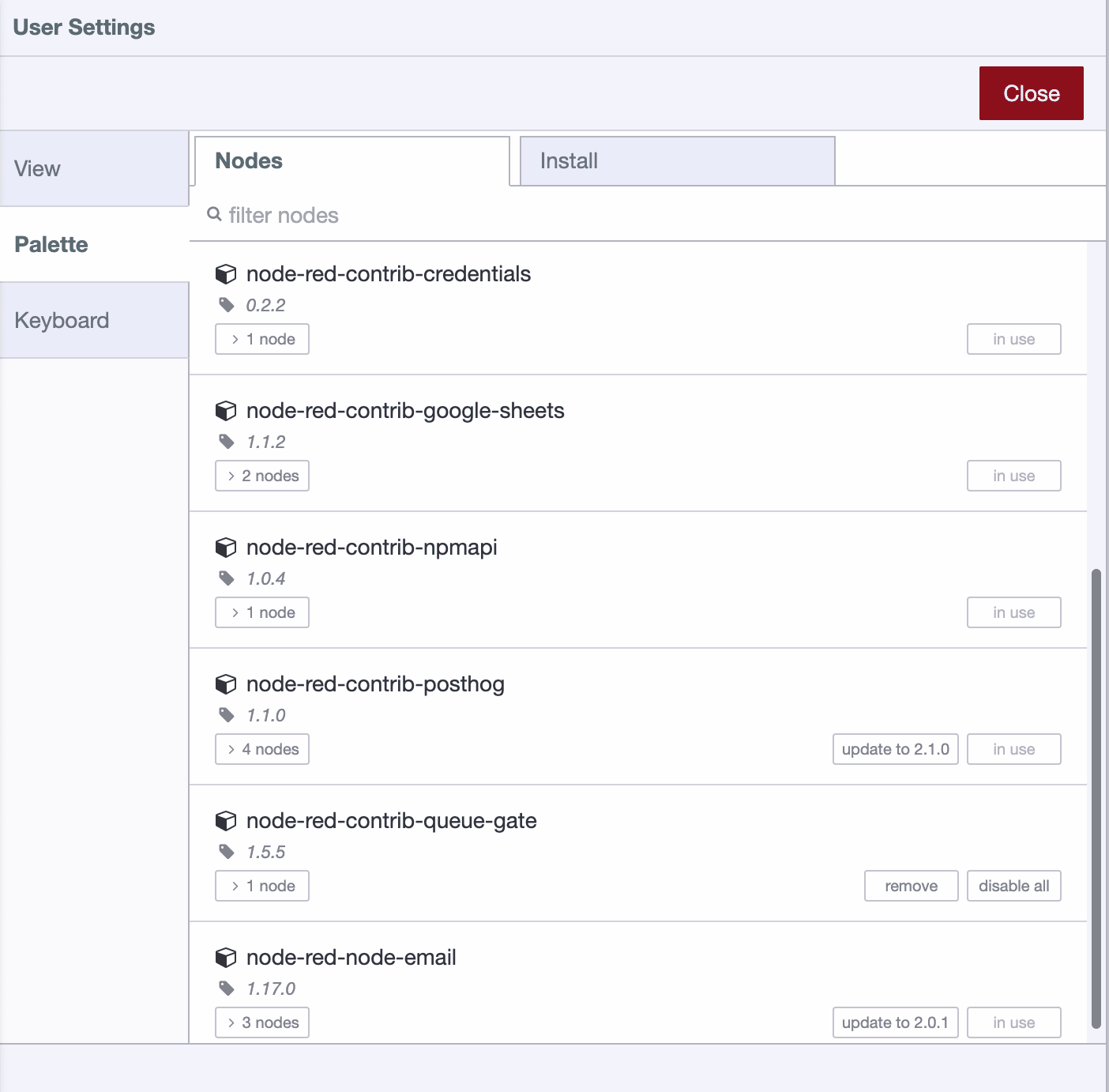 "List of nodes installed, including unused nodes"