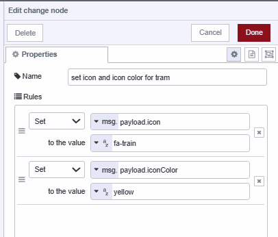 Screenshot of the Change node setting the icon and icon color for tram Screenshot of the Change node setting the icon and icon color for tram