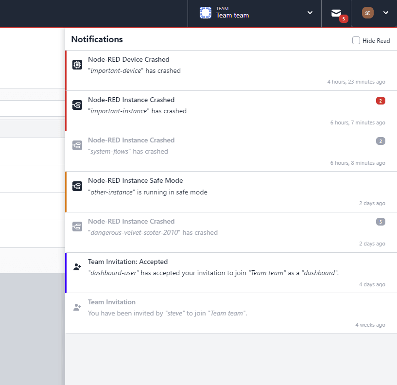 Screenshot showing read Notifications Inbox in FlowFuse